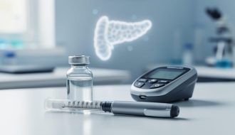 Insulin vial and insulin pen on a clean clinical desk with a softly blurred blood glucose meter in the background, evoking insulin’s role in blood sugar regulation.