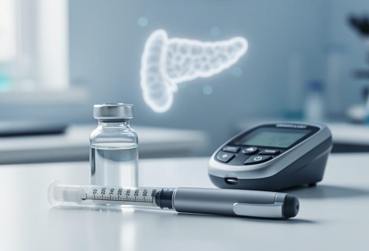 Insulin vial and insulin pen on a clean clinical desk with a softly blurred blood glucose meter in the background, evoking insulin’s role in blood sugar regulation.