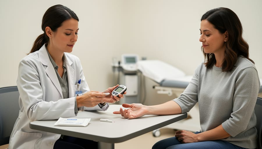 Healthcare professional holding a blood glucose meter while a patient’s hand is prepared for testing