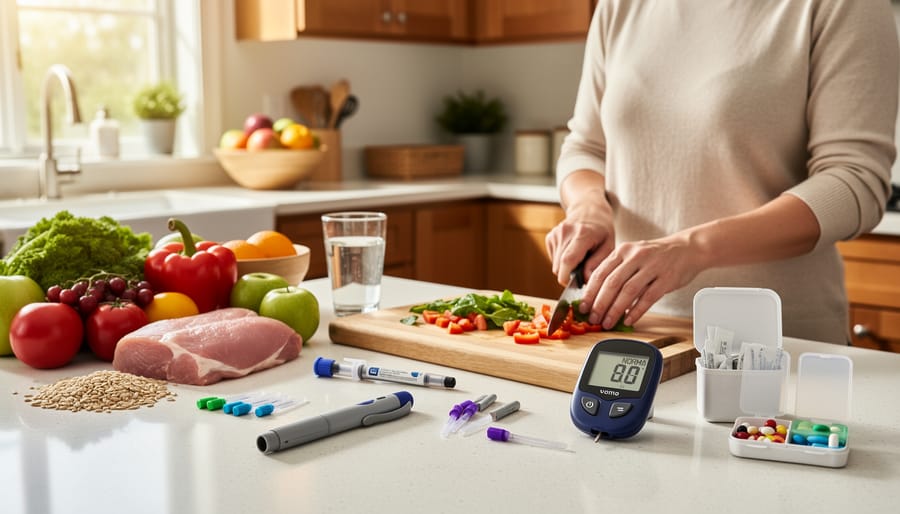 Person meal-prepping in a kitchen with an insulin pen visible on the countertop