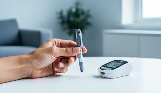 Insulin pen and glucose meter held together on a surface, representing monitoring and insulin use in type 2 diabetes management.