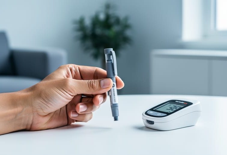 Insulin pen and glucose meter held together on a surface, representing monitoring and insulin use in type 2 diabetes management.